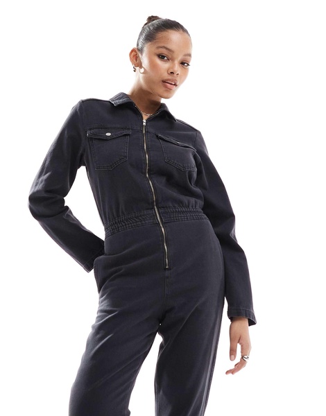 ASOS DESIGN denim boilersuit with zip and elastic waistband in washed black