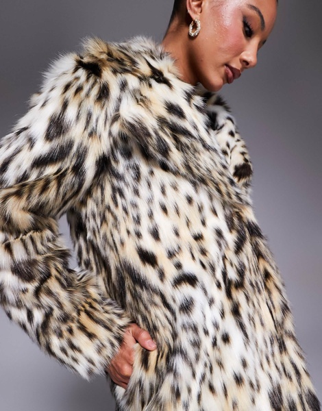 River Island long faux fur coat in leopard print