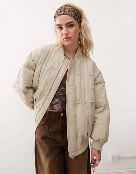 COLLUSION oversized bomber jacket with branding in ecru