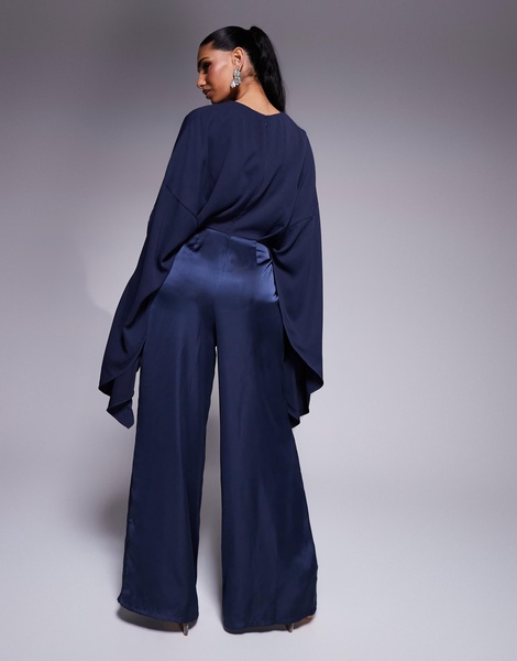 ASOS DESIGN chiffon satin mix wide leg jumpsuit with exaggerated sleeves in steel blue