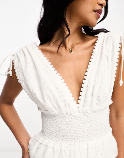 River Island eyelet detail plunge romper in white