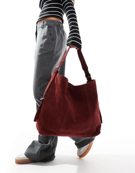 ASOS DESIGN suede tote bag with buckle detail in burgundy