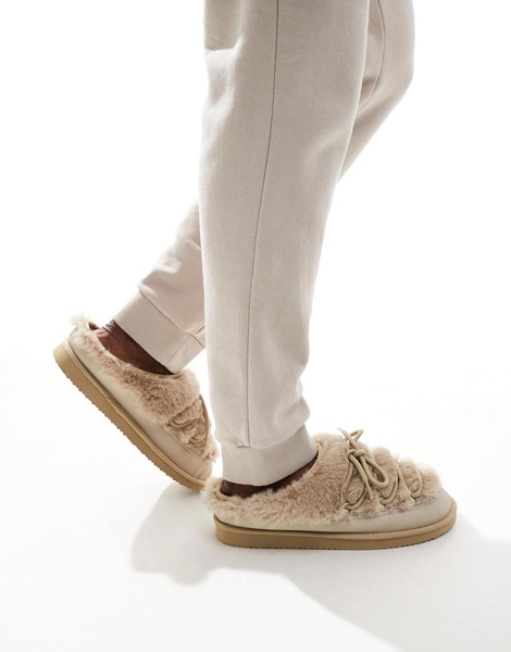 ASOS DESIGN chunky slippers in cream faux fur with laces