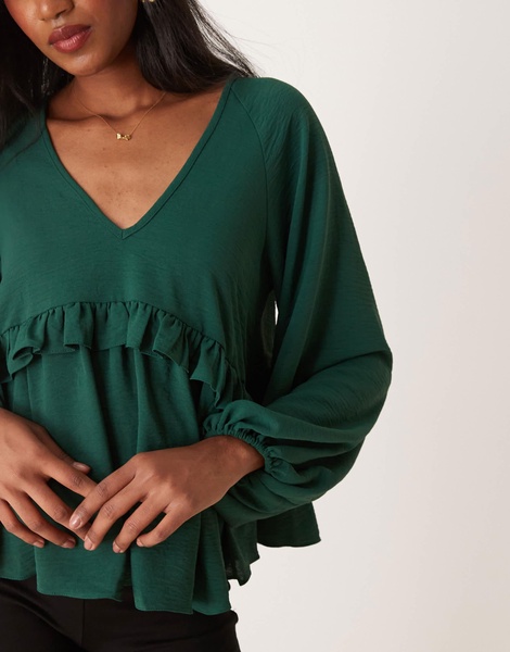 ASOS DESIGN V neck smock top with ruffle in green