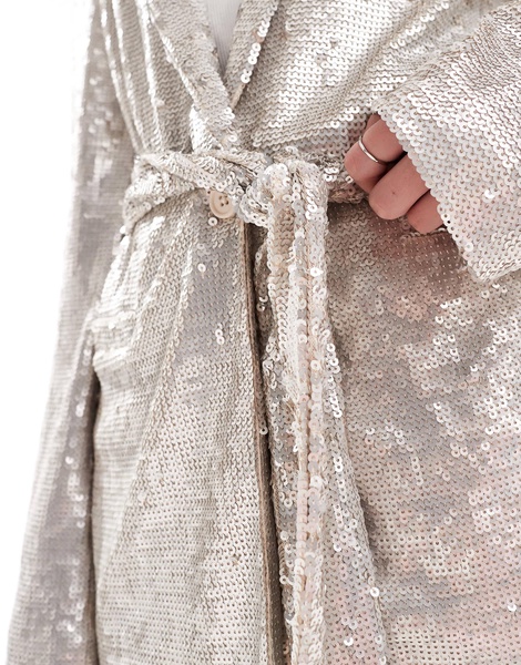 ASOS DESIGN sequin tie waist blazer in cream