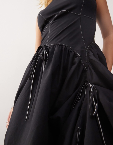 COLLUSION poplin midi dress with hitch bubble skirt in black