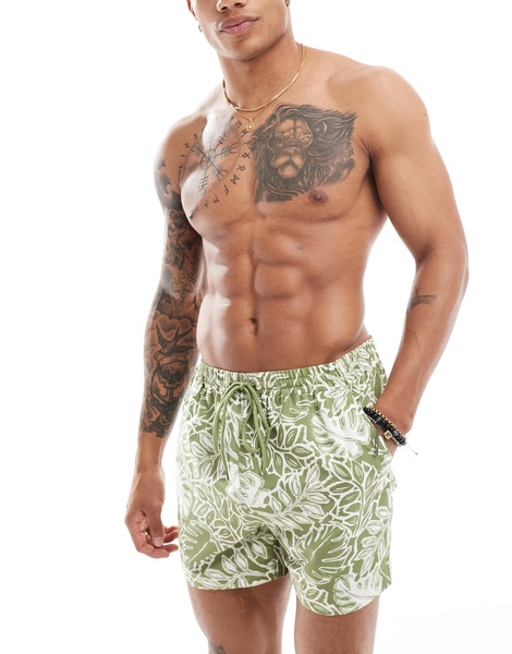 South Beach leaf print swim shorts in olive