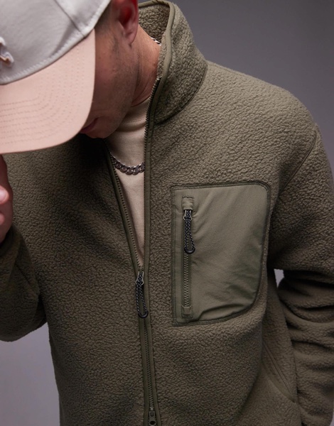 ARKET fleece pile jacket with two-way zip in khaki