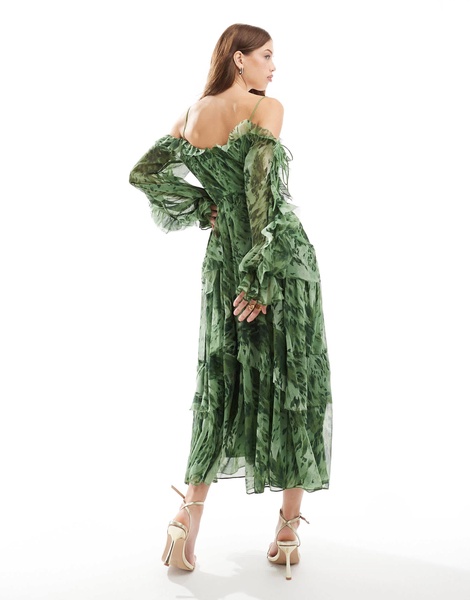 ASOS DESIGN ruffle midi dress with open sleeves and ties in green floral print