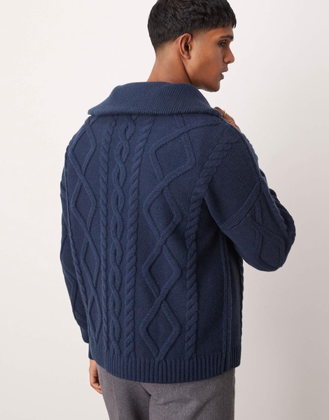 ASOS DESIGN oversized heavyweight knitted wool mix cable quarter zip sweater in navy