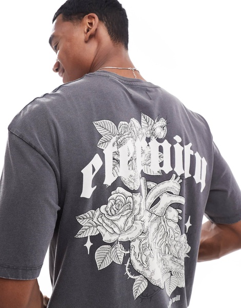 ADPT oversized rose back print t-shirt in washed gray