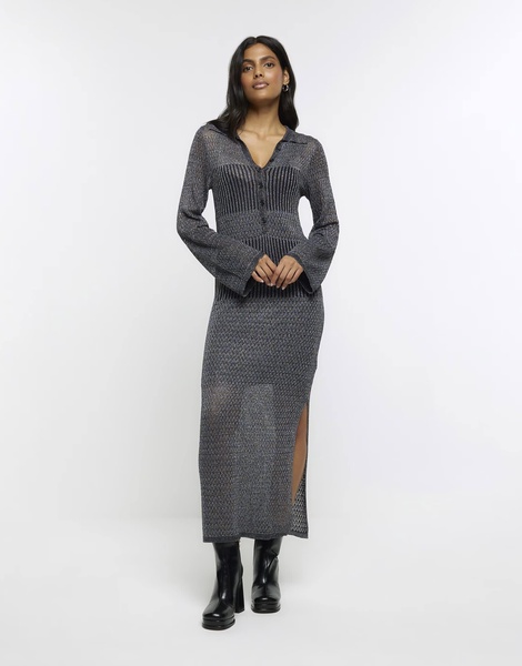 River Island shimmer polo midi dress in silver