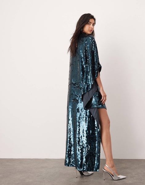 ASOS EDITION sequin high neck cape sleeve mini dress with asymmetric hem in dark blue