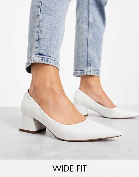 ASOS DESIGN Wide Fit Saint block mid heeled shoes in off white croc