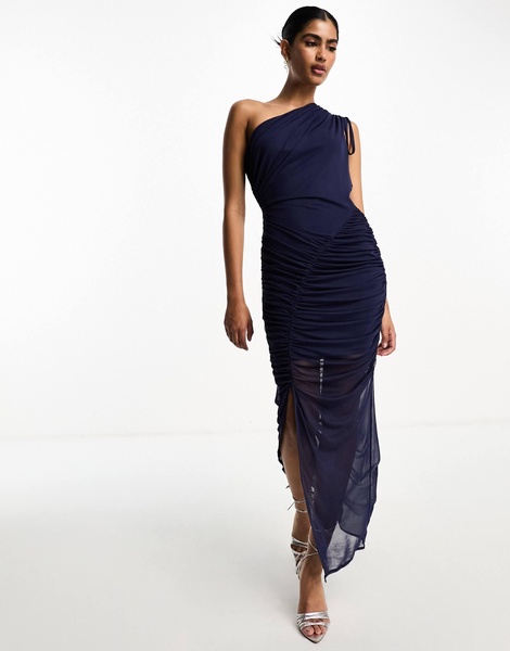 ASOS DESIGN one shoulder ruched midi dress in navy