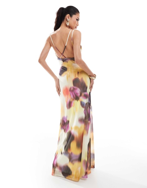 ASOS DESIGN cowl neck maxi dress with cross back detail in yellow floral