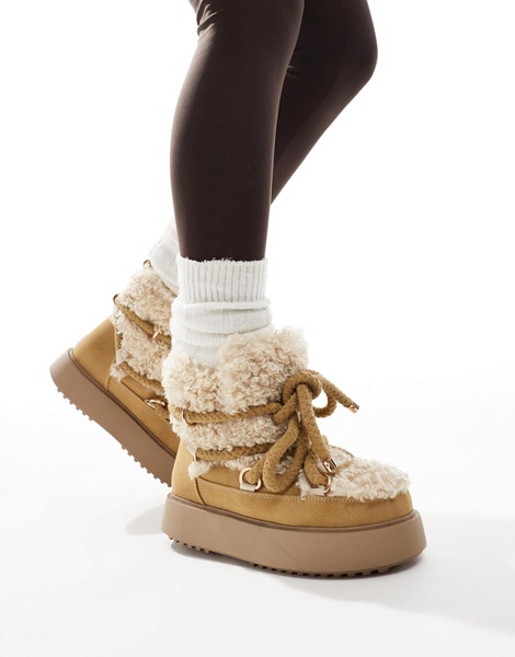 ASOS DESIGN Alpine shearling lace up snow boots in beige