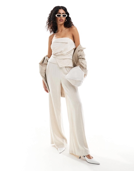 ASOS DESIGN drape detail bandeau jumpsuit in oatmeal linen mix