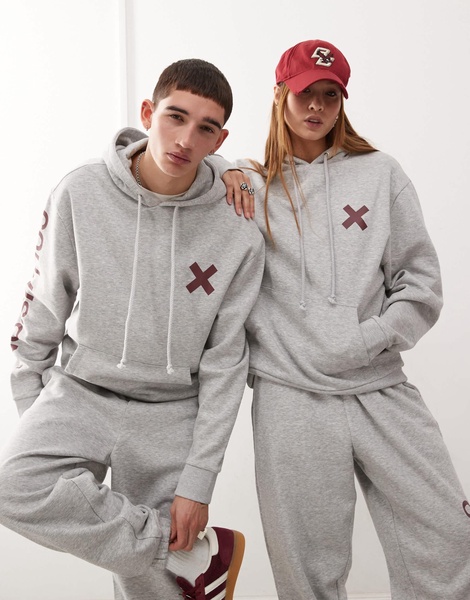 COLLUSION Unisex logo hoodie in heather gray with burgundy print