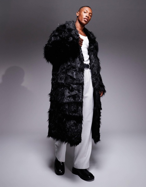 ASOS DESIGN faux fur overcoat in black