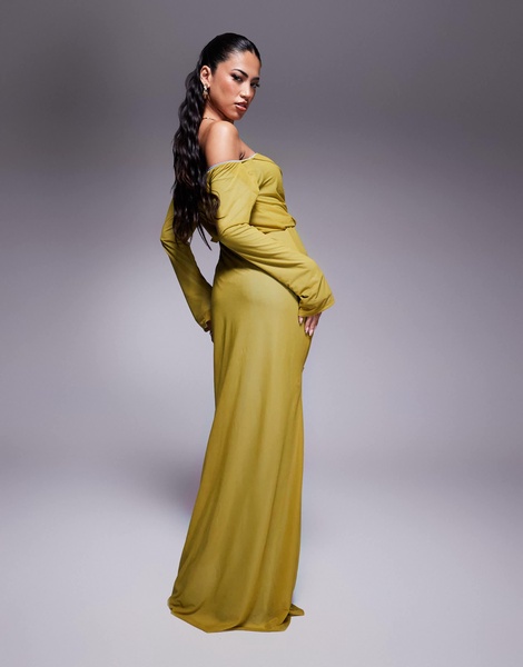 ASOS DESIGN stretch chiffon long sleeve bardot maxi dress in chartreuse