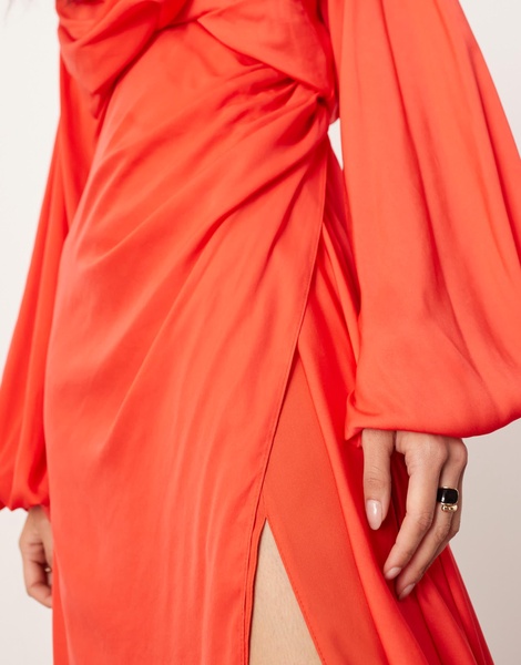 ASOS EDITION satin volume blouson sleeve midi dress in red