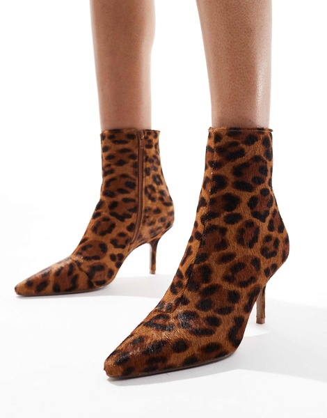 ASOS DESIGN Replay leather pointed toe mid-heel boots in leopard pony