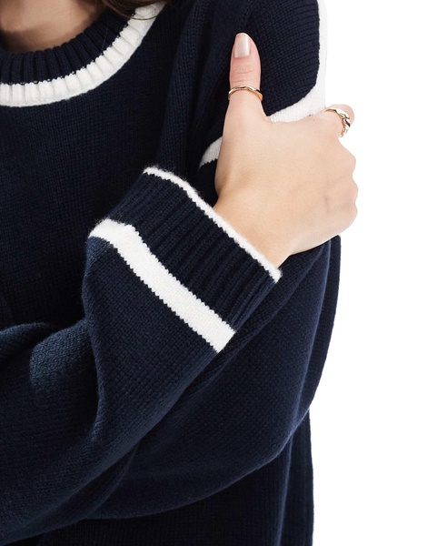 ASOS DESIGN knit sweater with contrast cream seams in navy