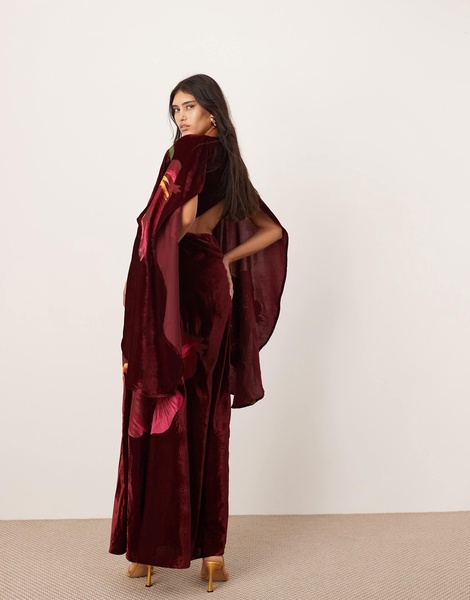 ASOS EDITION embroidered volume flare sleeve grecian cut out velvet maxi dress in burgundy