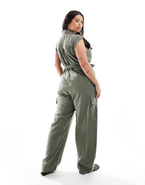 Mango Curve sleeveless tie waist jumpsuit in khaki