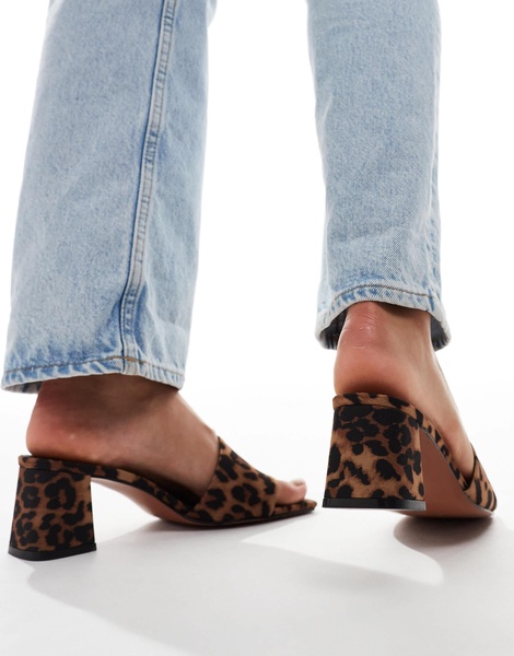 ASOS DESIGN Hundred mid block heeled mules in leopard