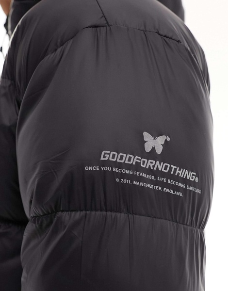 Good For Nothing hi-shine puffer jacket with hood in black