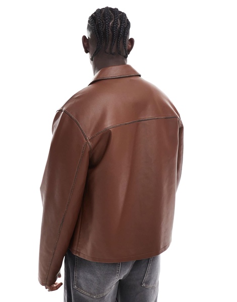 ASOS DESIGN faux leather harrington jacket in brown