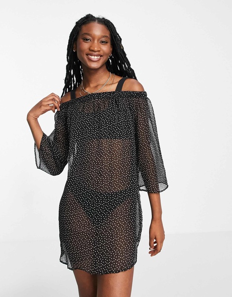 Brave Soul off shoulder beach dress in black polka dot