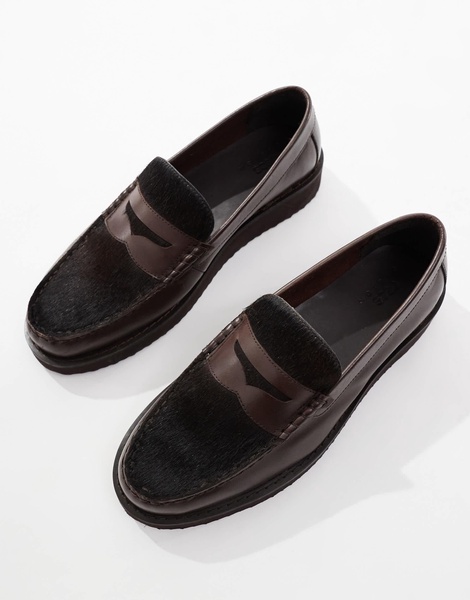 ASOS DESIGN penny loafers in brown leather with fur detail