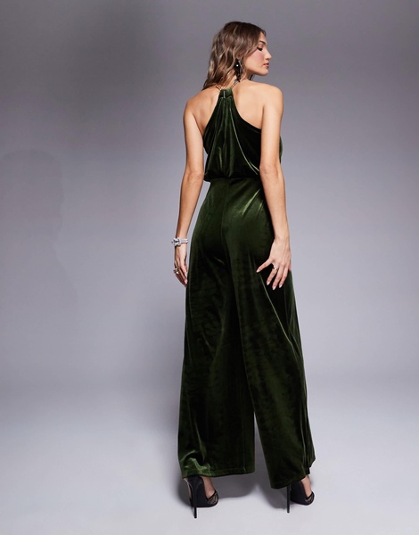 River Island velvet jumpsuit in olive green