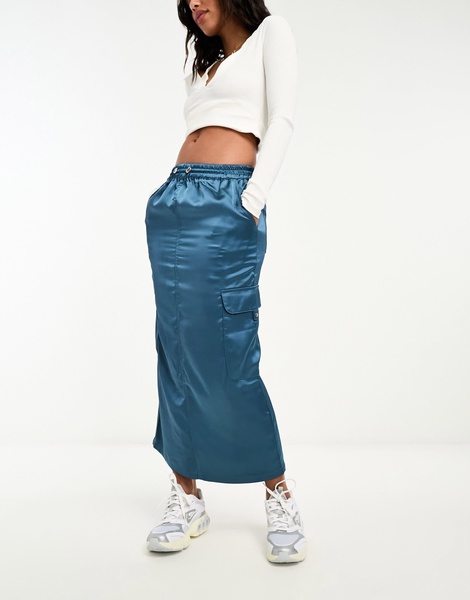 River Island satin cargo midi skirt in mid blue