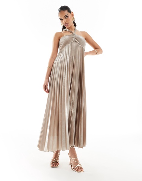 Mango halterneck pleated midi dress in silver