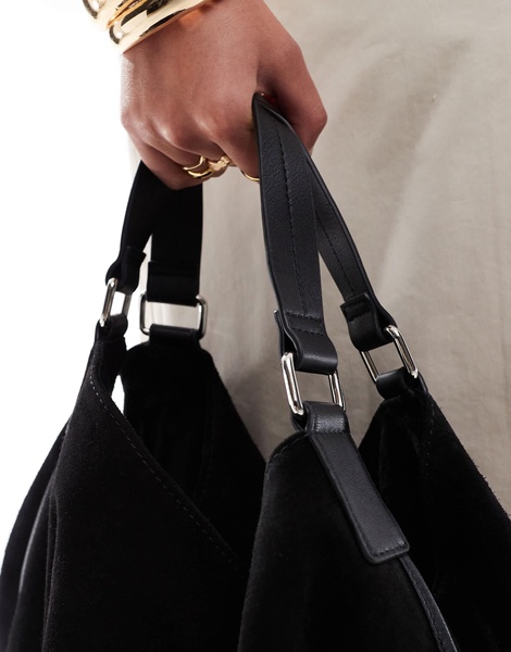 ASOS DESIGN large suede tote bag with leather piping detail in black