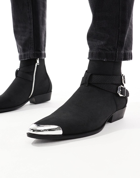 ASOS DESIGN boots in black with straps and cuban heel