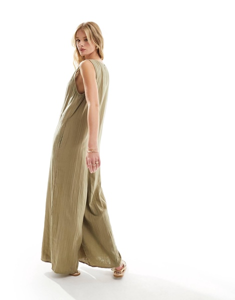 ASOS DESIGN crew neck culotte jumpsuit in taupe