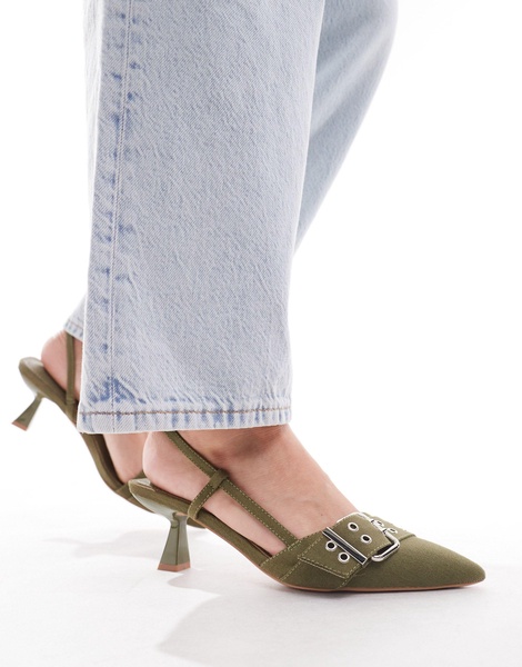 Simmi London Wide Fit Dala pointed kitten heel sling backs with grommet buckle detail in khaki