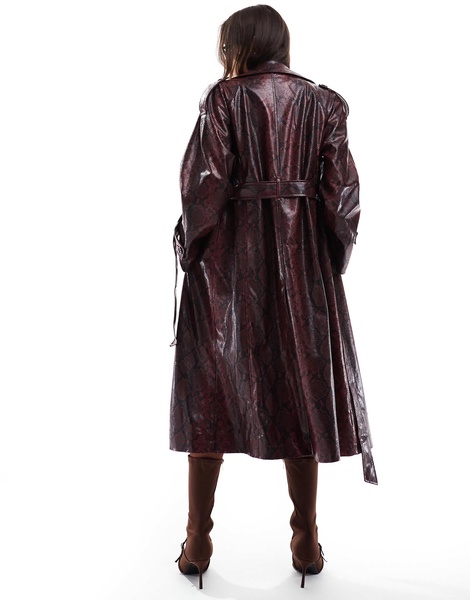 Bersha snakeskin faux leather trench coat in burgundy