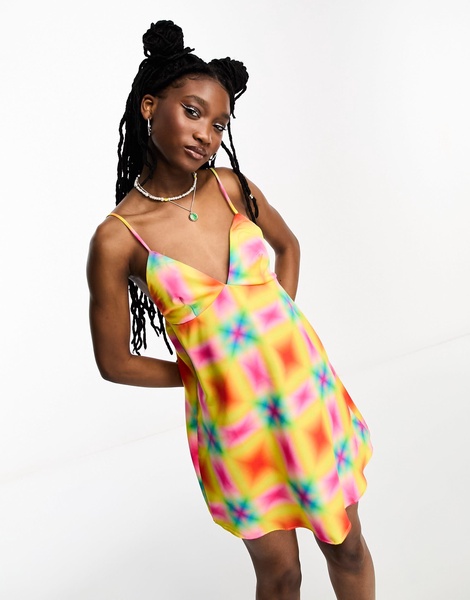 COLLUSION mini printed satin summer slip dress in multi