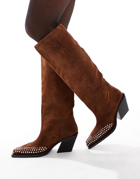 ASOS DESIGN Cassie premium suede western knee boots with stud detail in chocolate brown