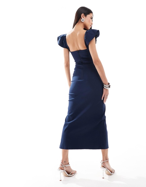 Vesper square neck ruffle sleeve side split midaxi dress in navy