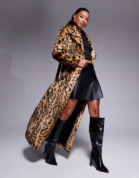 River Island maxi faux fur coat in leopard print