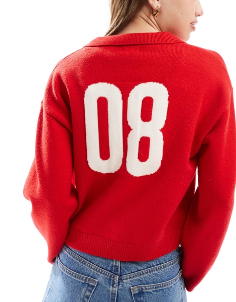 Cotton On knit v neck polo sweater with back graphic in red