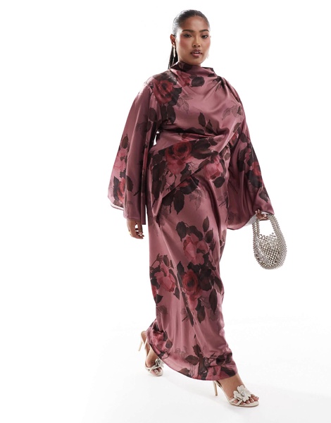 ASOS DESIGN Curve satin wrap maxi dress with drape bodice and kimono sleeve in pink floral