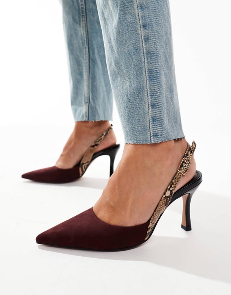 ASOS DESIGN Samber slingback stiletto heels in burgundy and snake mix